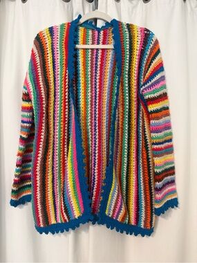 Vintage Handmade Knit Cardigan Sweater in Multi-Colors Small-Medium